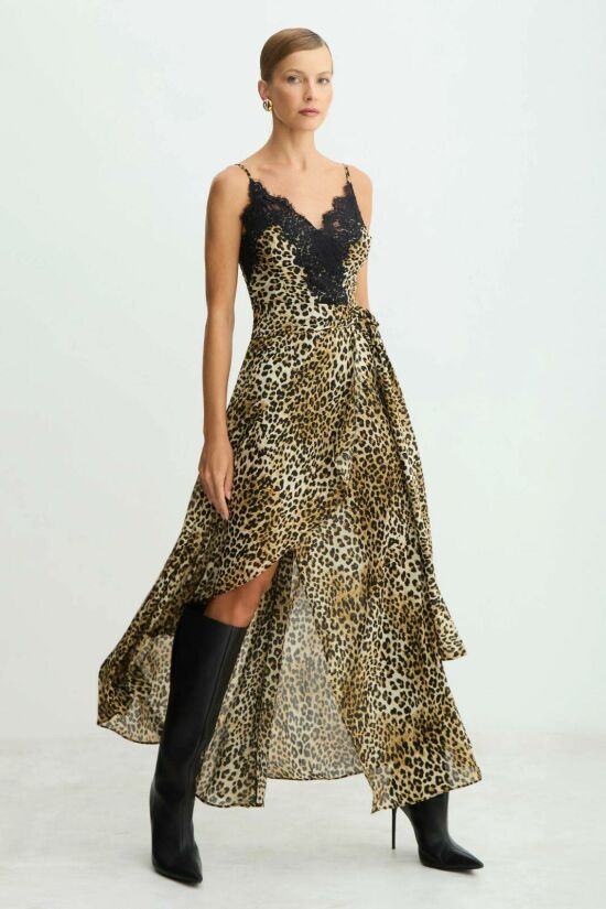 Imagem de Vestido Mídi Decote V Com Renda Busto Estampado Preto Com Bege Zen